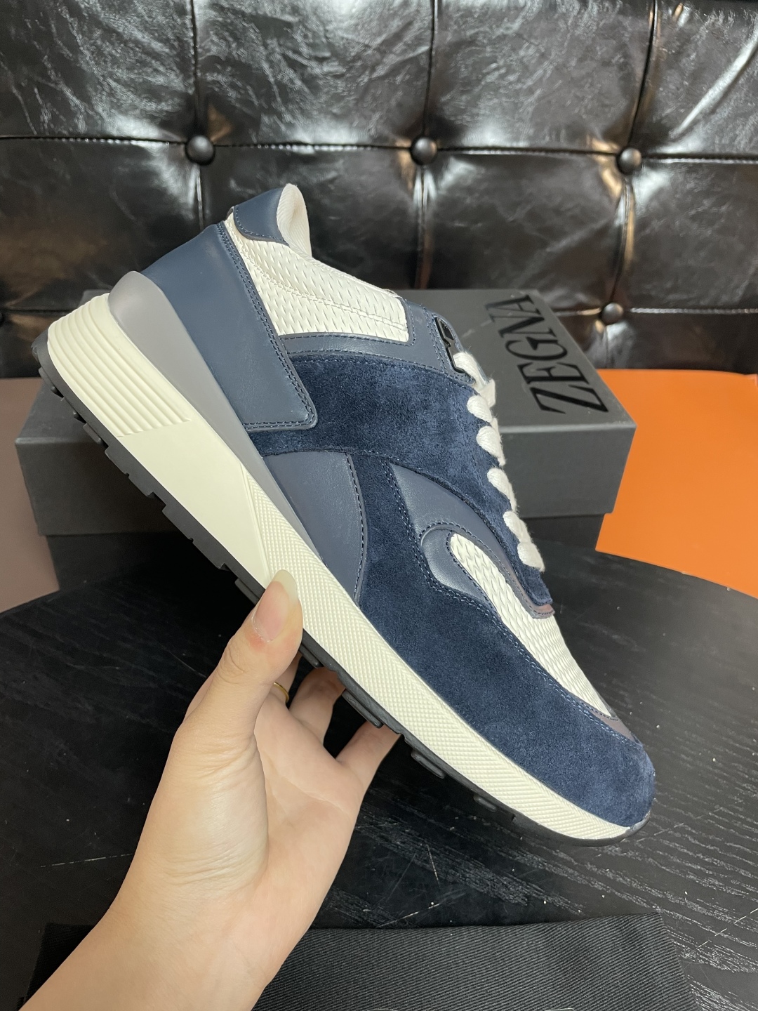 Zegna Men's Blue Leather and Suede Sneakers - Comfortable Walking Shoes 1 cmp i1741843479173 7519 0 0