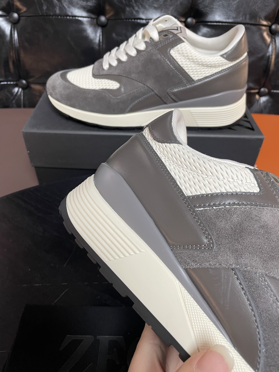Zegna Men's Triple Stitch Leather Sneakers Gray Fashionable Casual Shoes 6 cmp i1741852219068 1491 0 4