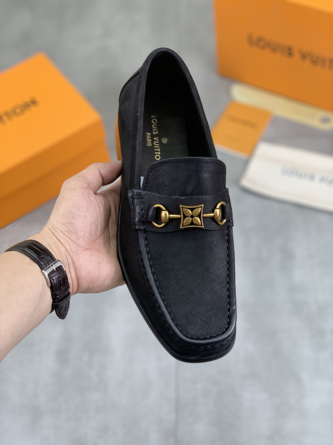 Louis Vuitton Classic Leather Loafers with Signature Buckle - Black
