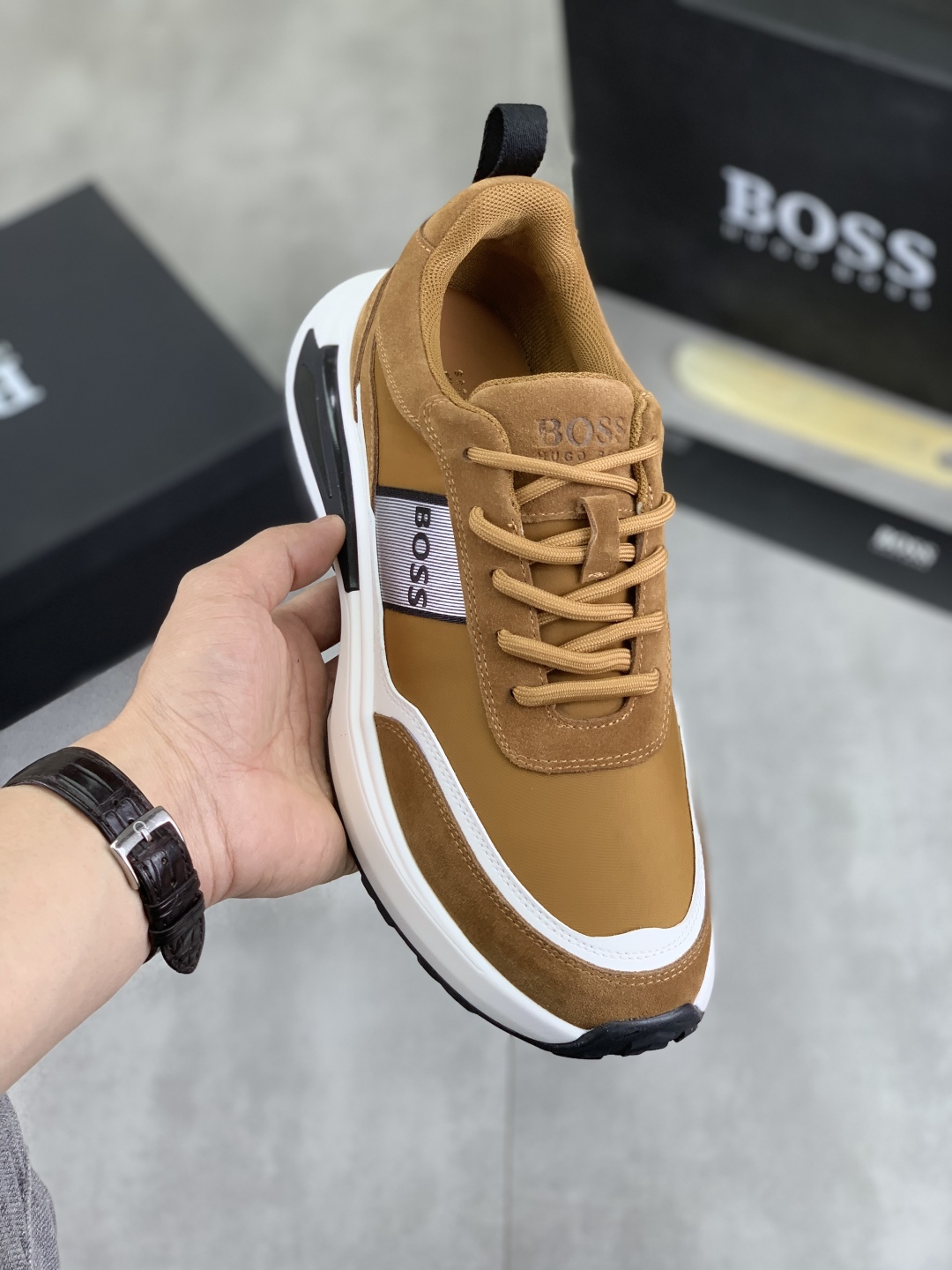 BOSS Men's Leather Lace-Up Sneakers Classic Style Comfortable and Breathable