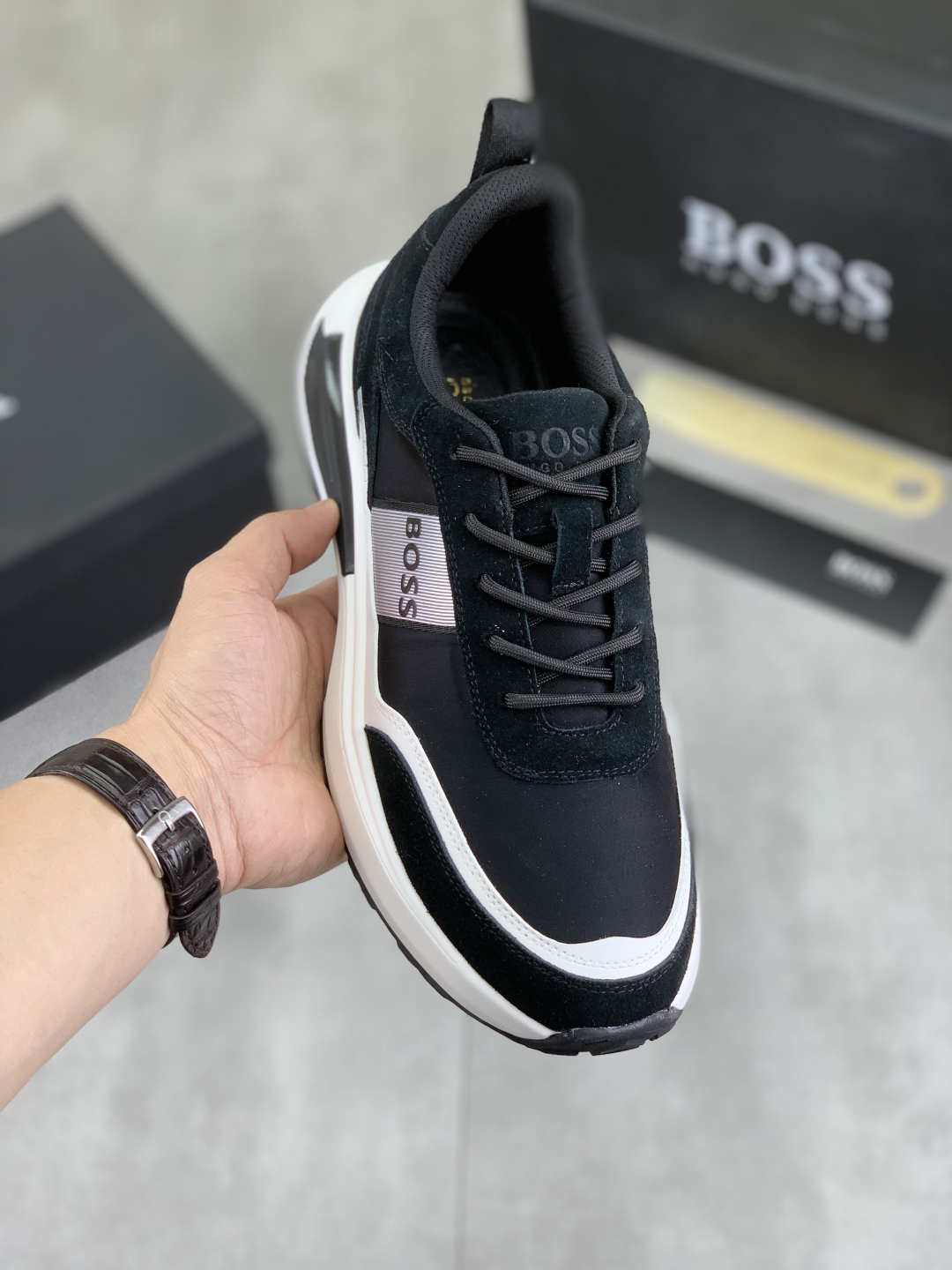 BOSS Men's Classic Lace-Up Sneakers in Black Leather and Breathable Fabric