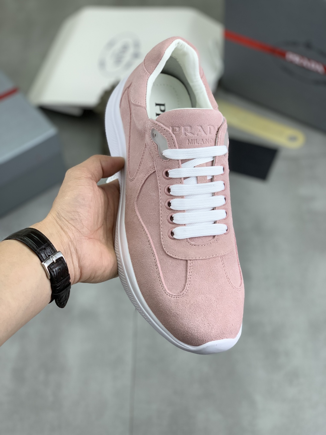 Prada Spring Classic Men's Casual Sneakers Suede Leather Pink, Size 38-45 2 cmp i1742657010843 9510 0 0