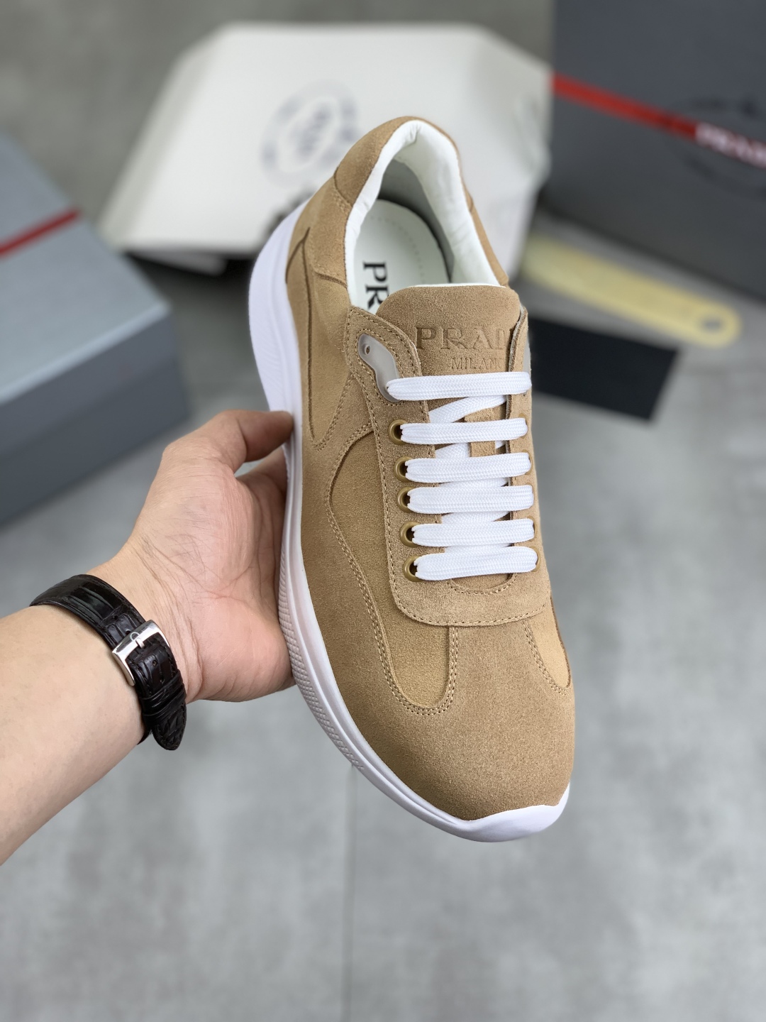 Prada Men's Suede Leather Lace-Up Sneakers in Tan - Italian Craftsmanship