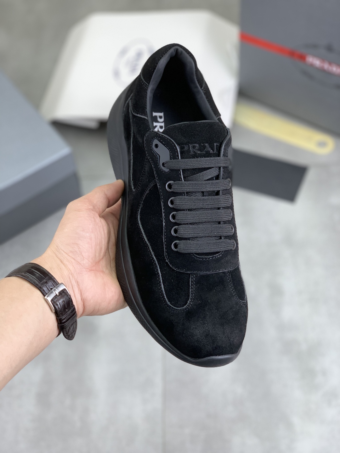 Prada Men's Classic Suede Leather Lace-Up Sneakers Black