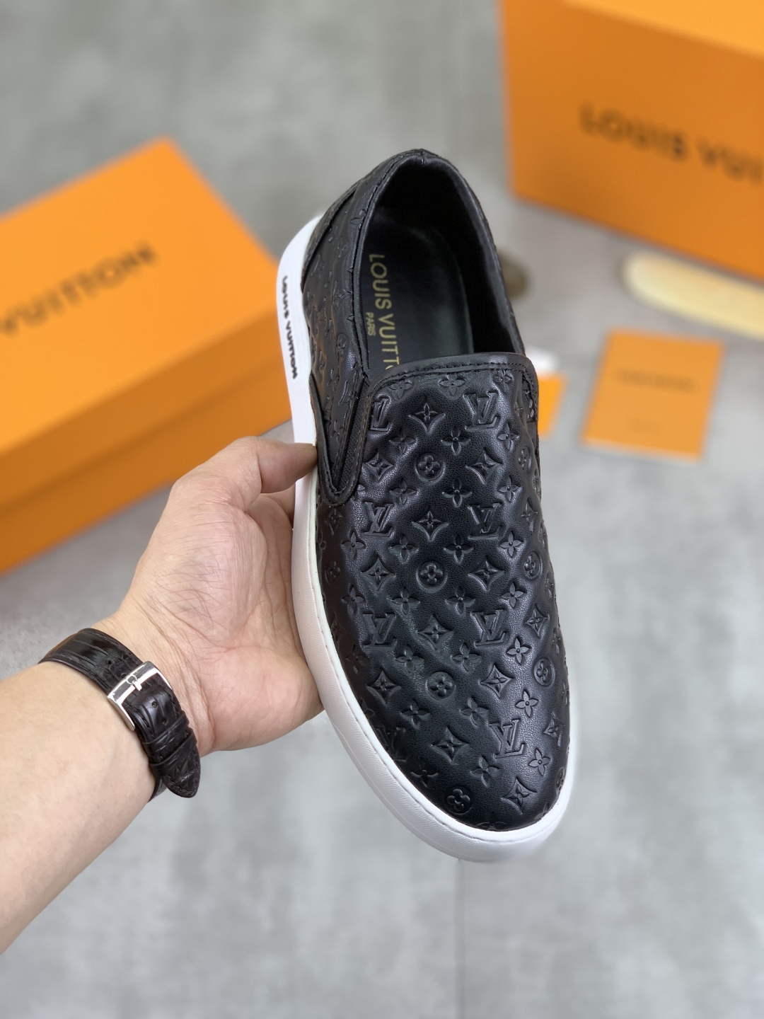 Louis Vuitton Men's Black Leather Monogram Embossed Slip-On Sneakers 16 cmp i1743269189813 1796 0 0