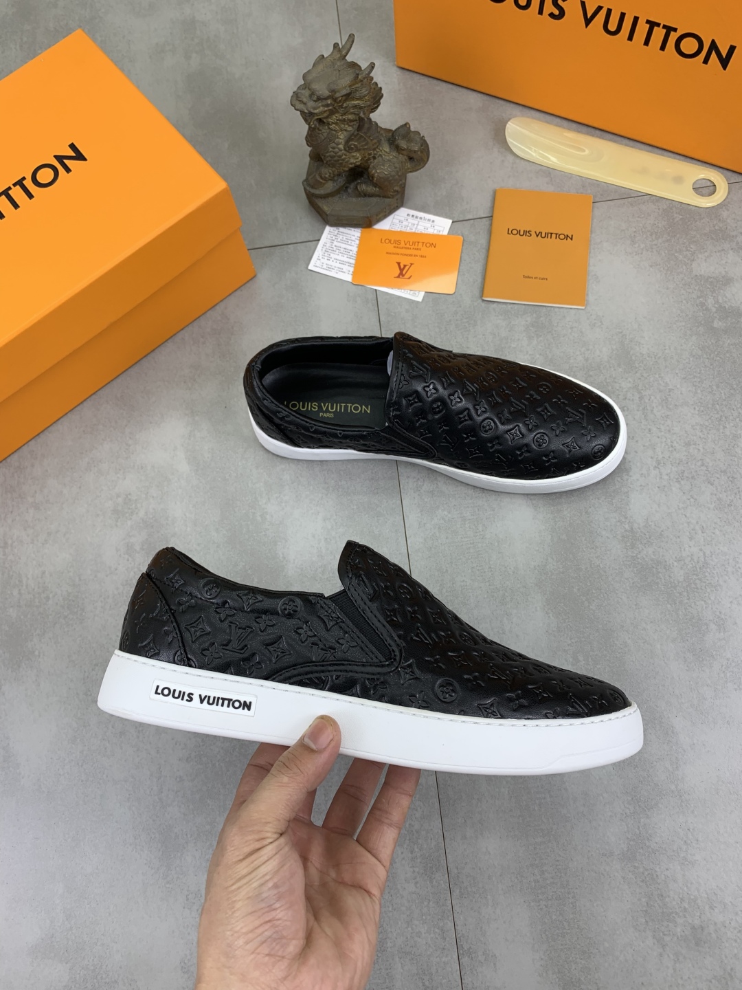 Louis Vuitton Men's Black Leather Monogram Embossed Slip-On Sneakers 21 cmp i1743269191005 1222 0 5