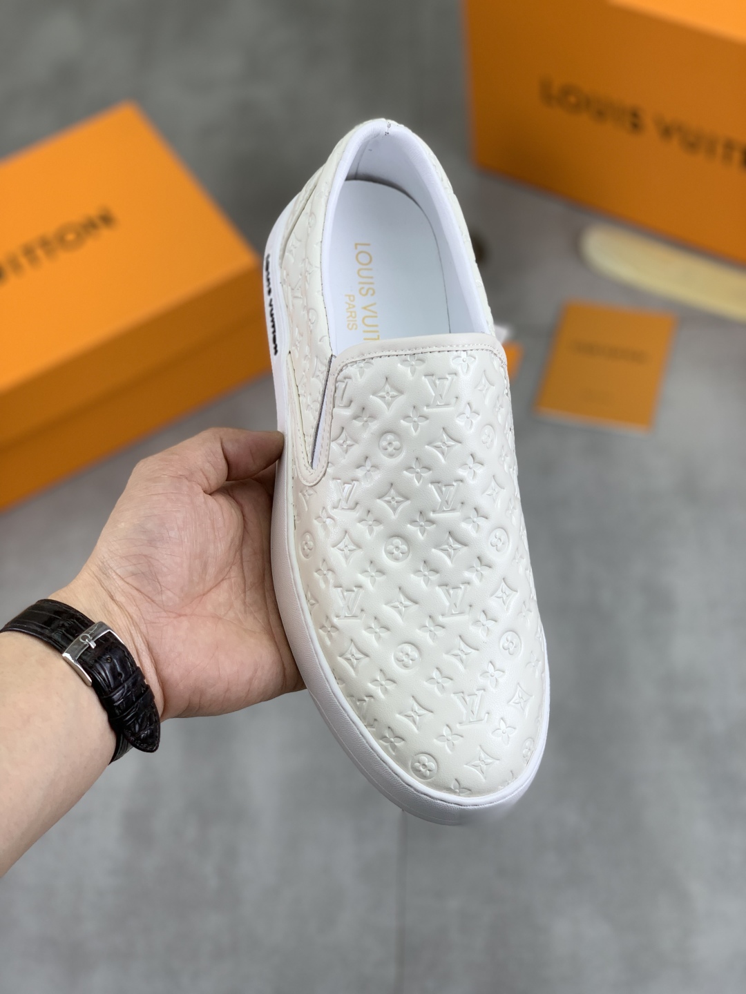 Louis Vuitton Classic White Leather Slip-On Sneakers for Men, Size 38-44 1 Louis Vuitton Classic White Leather Slip-On Sneakers for Men, Size 38-44