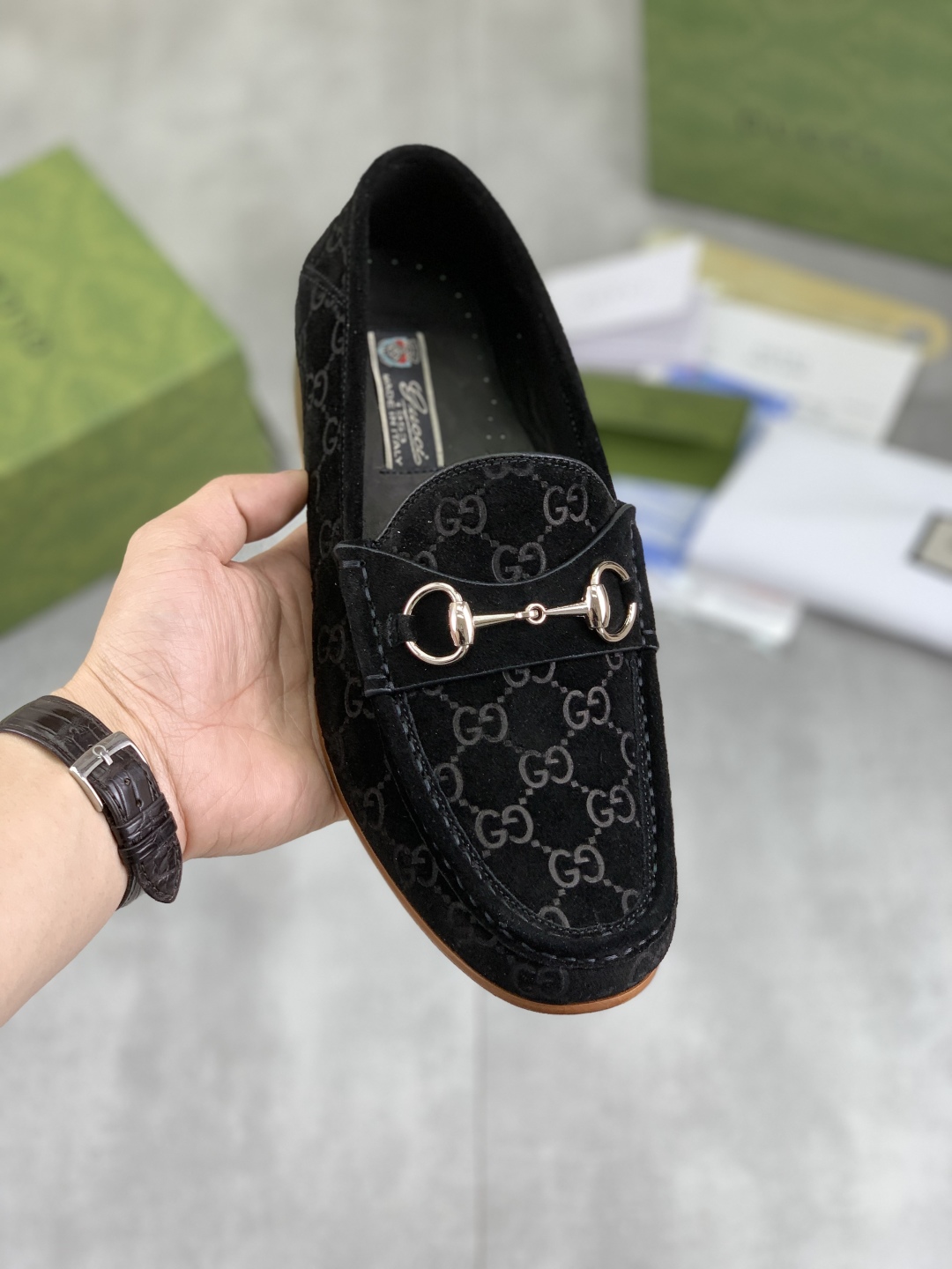 Gucci Men's Black Suede Loafers with GG Pattern and Horsebit Detail 1 Gucci Men's Black Suede Loafers with GG Pattern and Horsebit Detail