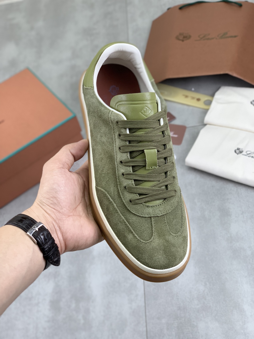 Loro Piana Men's Suede Leather Sneakers - Olive Green, Sizes 38-45 1 Loro Piana Men's Suede Leather Sneakers - Olive Green, Sizes 38-45
