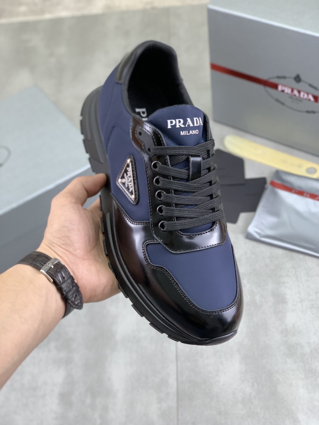 Prada Men's Fashion Sneakers Cowhide Patchwork Lace-up Casual Shoes