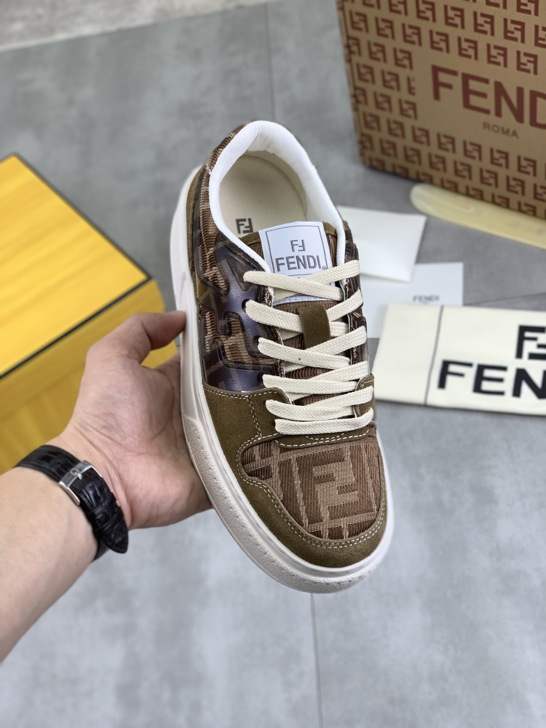 Fendi Brown Leather and TPU Sole Casual Sneakers for Men and Women 1 Fendi Brown Leather and TPU Sole Casual Sneakers for Men and Women