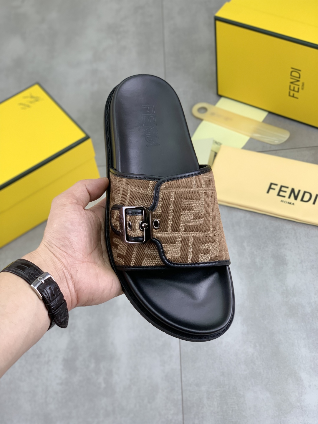 Fendi Men's FF Logo Buckle Slide Sandal in Brown - Comfort & Style 2 cmp i1745513602132 3028 0 0