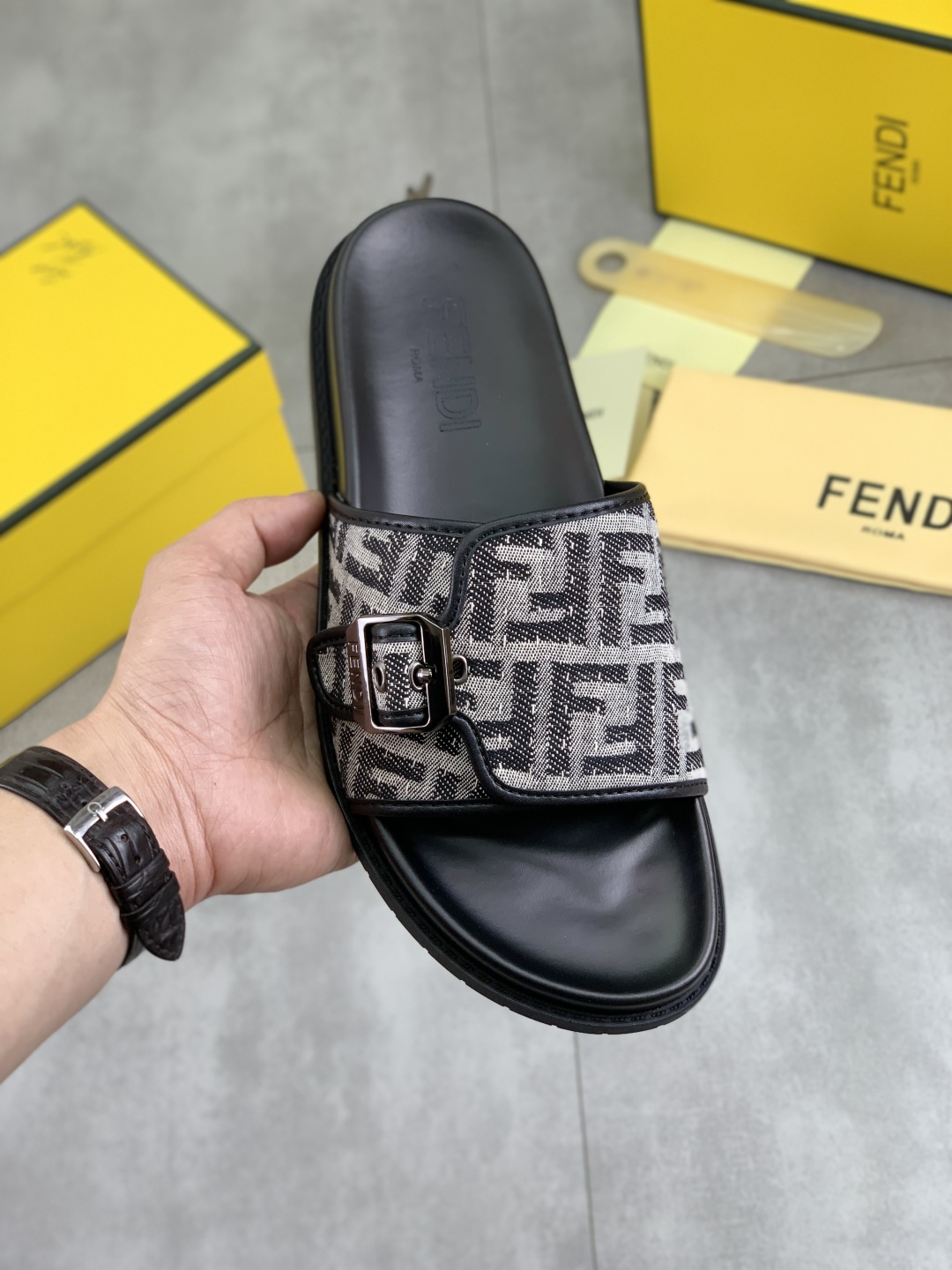 Fendi Men's FF Motif Buckle Slide Sandals - Stylish Summer Comfort 1 Fendi Men's FF Motif Buckle Slide Sandals - Stylish Summer Comfort