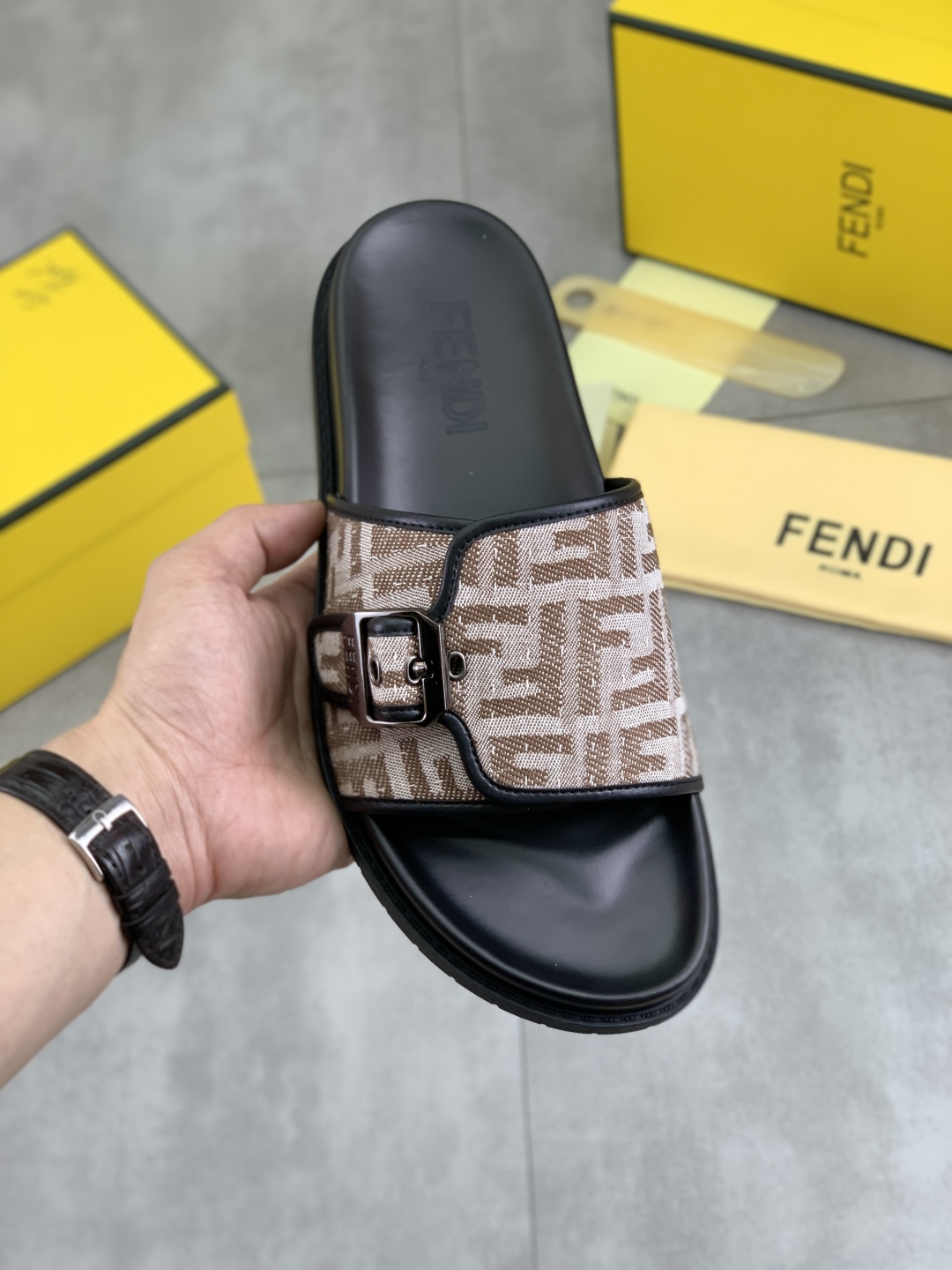 Fendi Men's FF Motif Buckle Slide Sandal in Brown, Sizes 39-44 1 Fendi Men's FF Motif Buckle Slide Sandal in Brown, Sizes 39-44