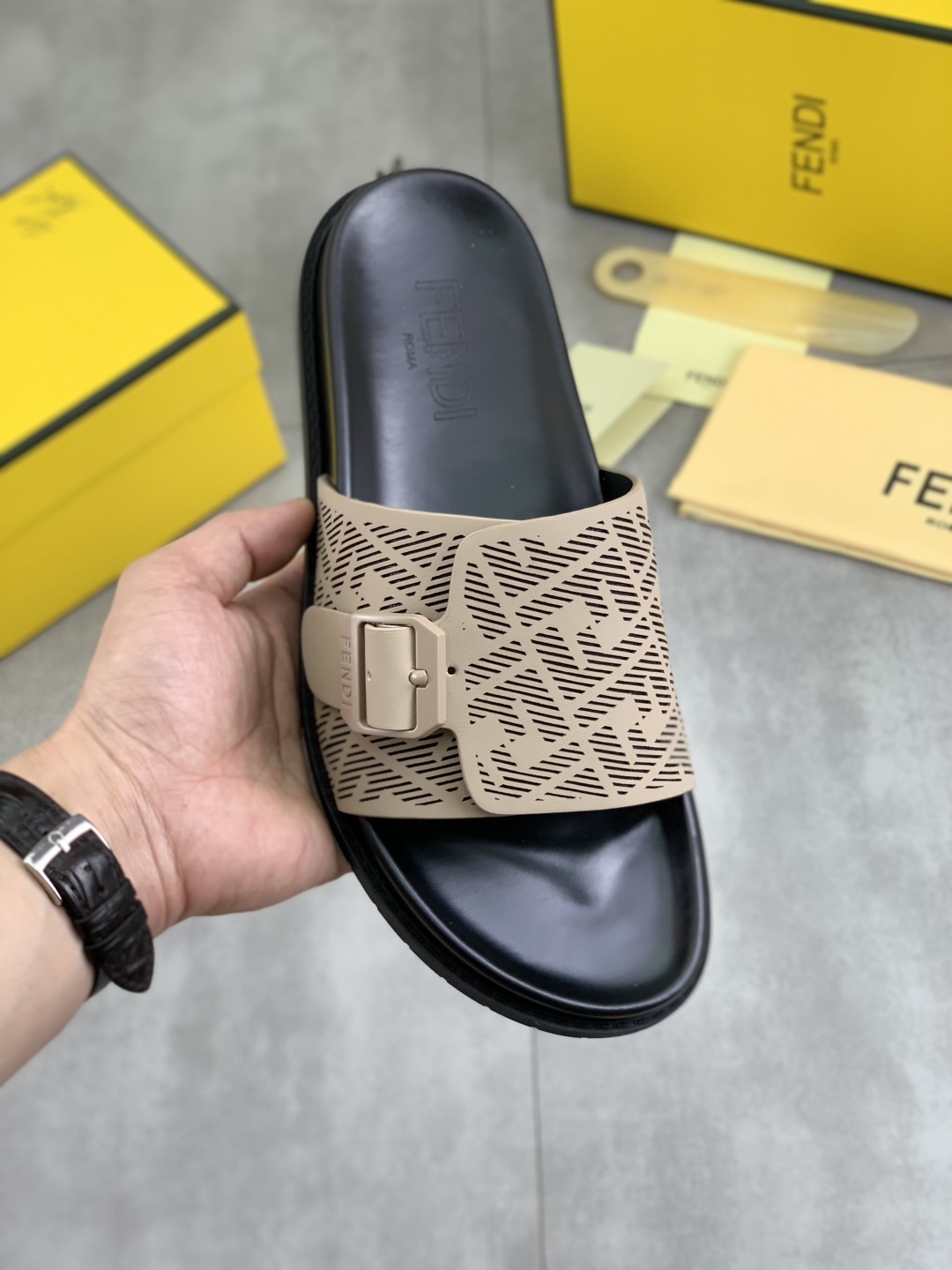 Fendi Men's Beige FF Motif Slide Sandals - Italian Made 1 Fendi Men's Beige FF Motif Slide Sandals - Italian Made