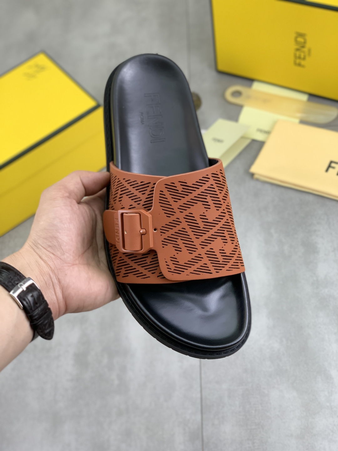 Fendi Men's Brown Leather Summer Buckle Slide Sandals, Sizes 39-44 2 cmp i1745513755690 7371 0 0