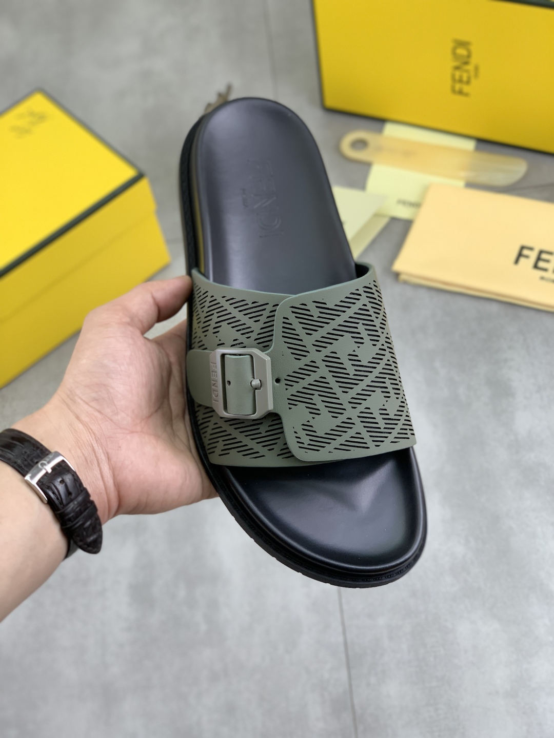 Fendi Men's FF Buckle Slide Sandal, Italian Fabric, Comfortable and Stylish 1 Fendi Men's FF Buckle Slide Sandal, Italian Fabric, Comfortable and Stylish