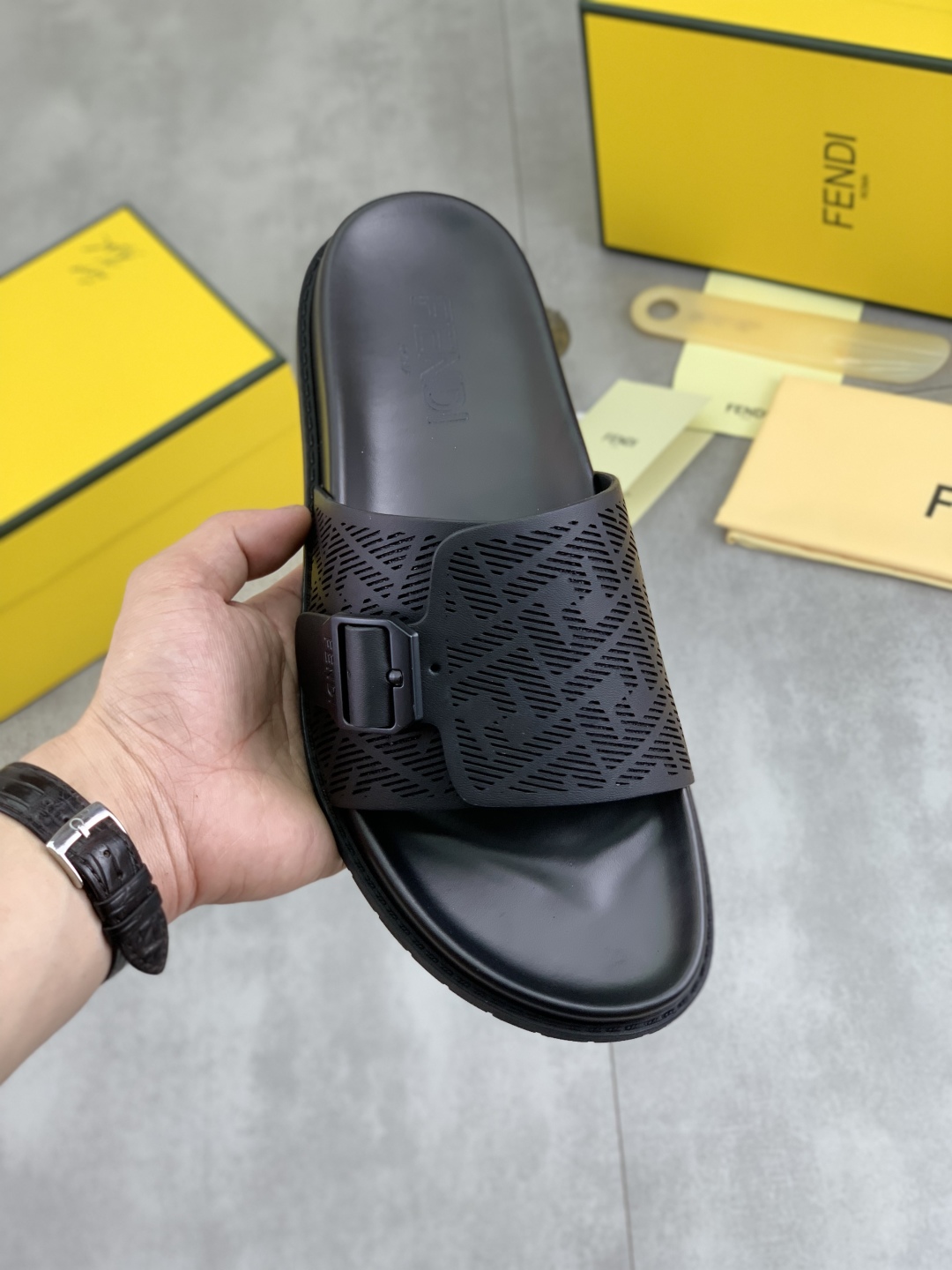 Fendi Men's Black FF Motif Slide Sandals Italian Leather, Sizes 39-44 2 cmp i1745513791514 5267 0 0