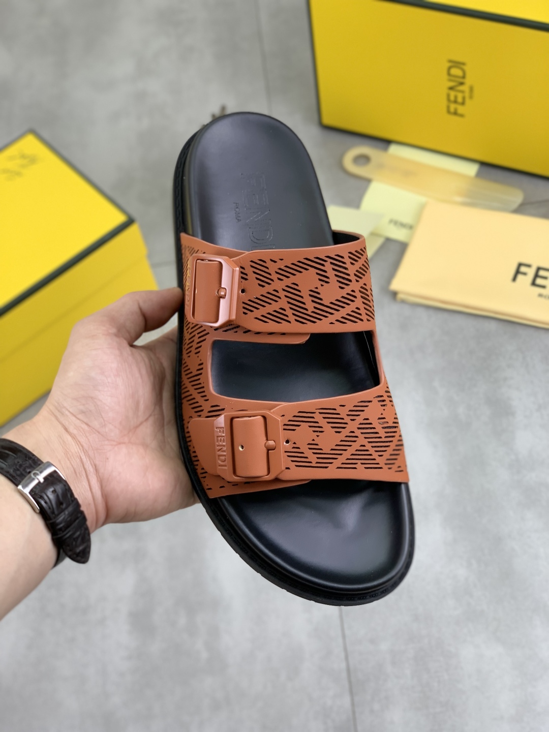 Fendi Men's Brown Leather Sandals with Iconic Pattern | Sizes 39-44 1 Fendi Men's Brown Leather Sandals with Iconic Pattern | Sizes 39-44