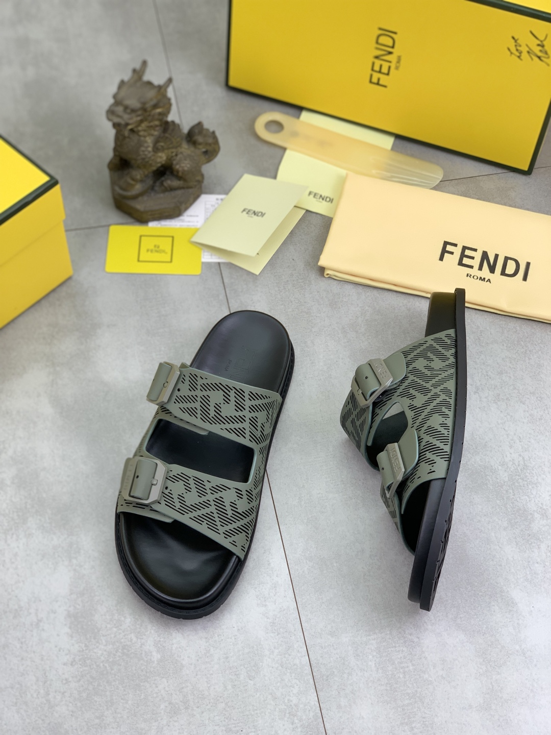 Fendi Men's Olive Green Logo Slides Sandals, Comfortable Summer Slippers 4 cmp i1745514009667 3789 0 2