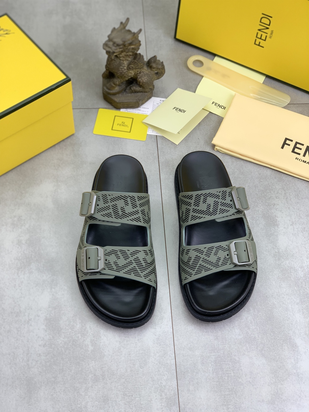 Fendi Men's Olive Green Logo Slides Sandals, Comfortable Summer Slippers 3 cmp i1745514015908 684 0 1