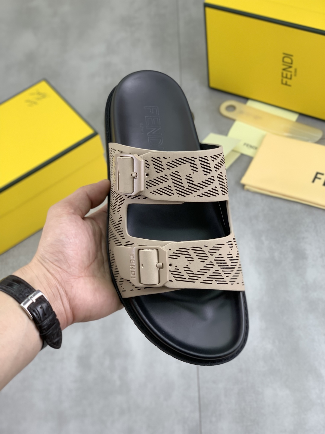 Fendi Men's Sandal - Italian Leather, Designer Slides, Sizes 39-44 1 Fendi Men's Sandal - Italian Leather, Designer Slides, Sizes 39-44