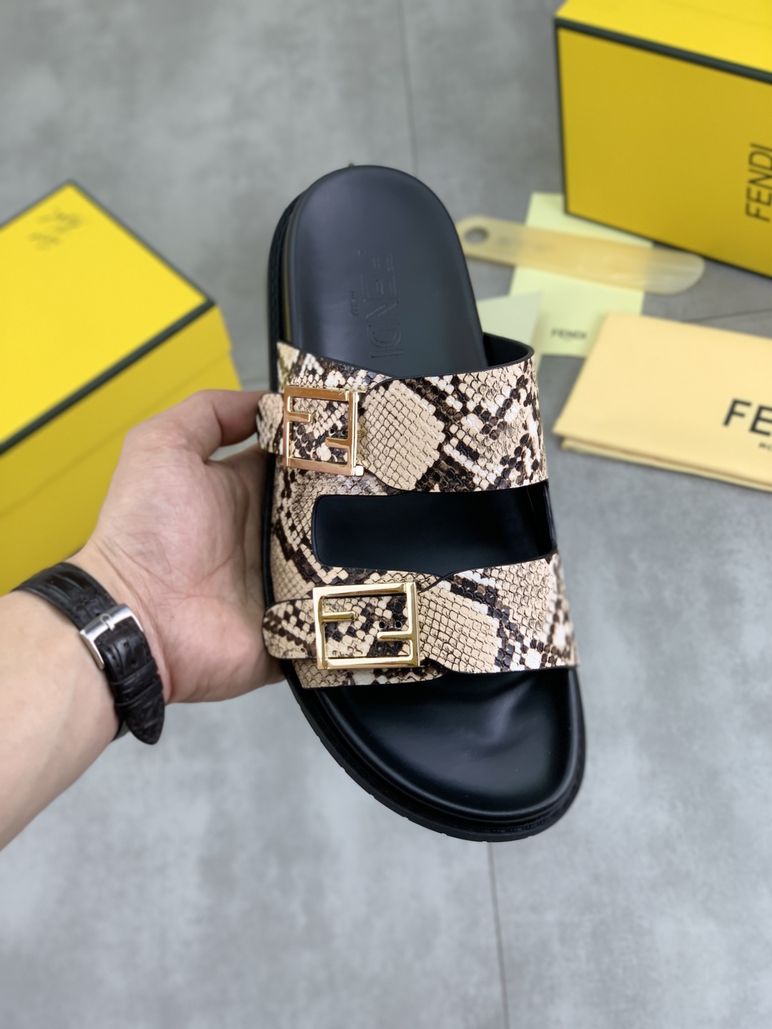 Fendi Men's Sandal Snake Embossed Leather Slide Comfortable Summer Slippers 1 Fendi Men's Sandal Snake Embossed Leather Slide Comfortable Summer Slippers