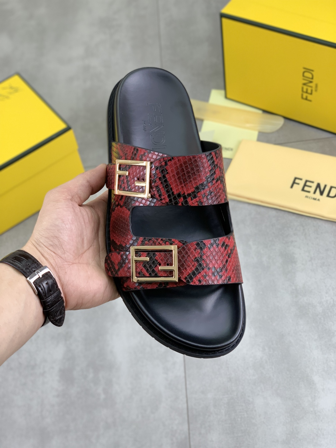 Fendi Men's Red Snakeskin Print Slides Sandals with Gold Buckle 2 cmp i1745514195175 9250 0 0