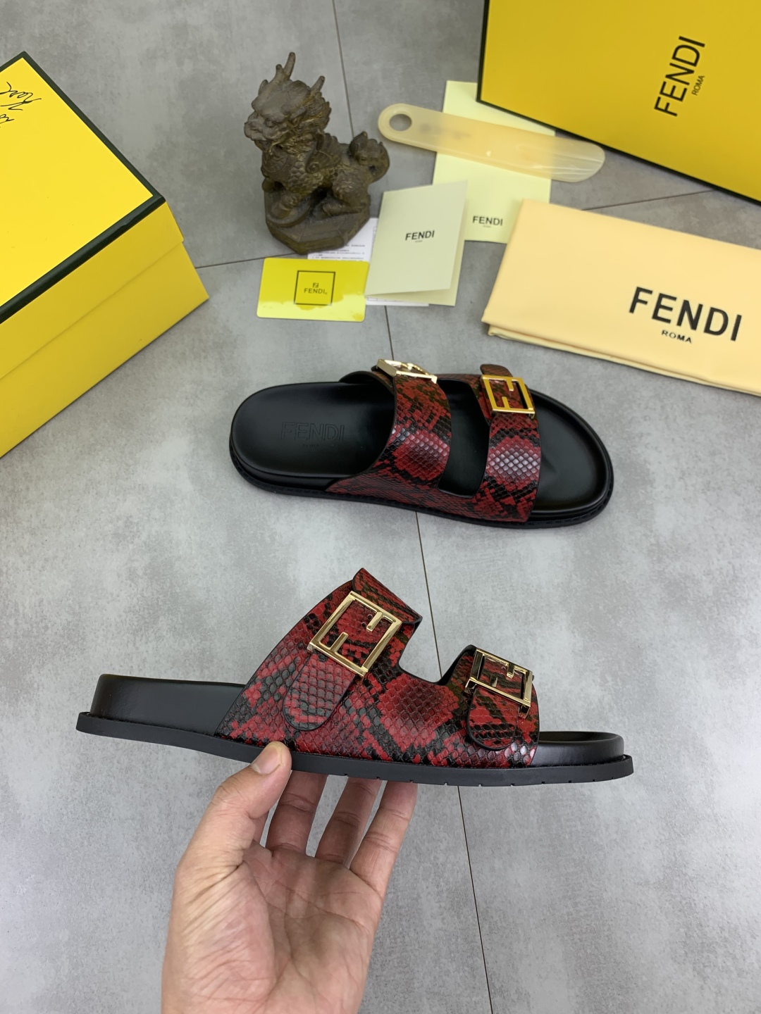 Fendi Men's Red Snakeskin Print Slides Sandals with Gold Buckle 7 cmp i1745514196672 9228 0 5