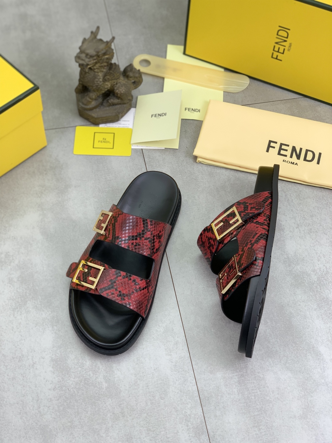 Fendi Men's Red Snakeskin Print Slides Sandals with Gold Buckle 4 cmp i1745514197124 321 0 2