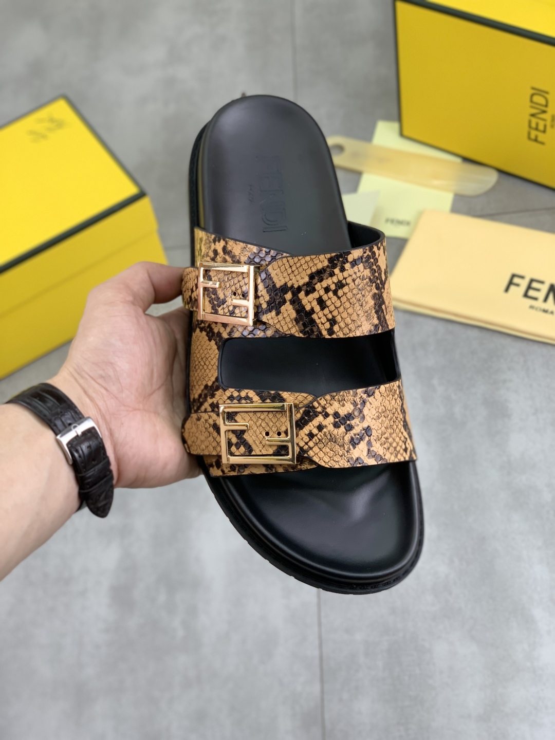 Fendi Men's Sandal Slides in Snakeskin Leather with Iconic FF Buckles 1 Fendi Men's Sandal Slides in Snakeskin Leather with Iconic FF Buckles