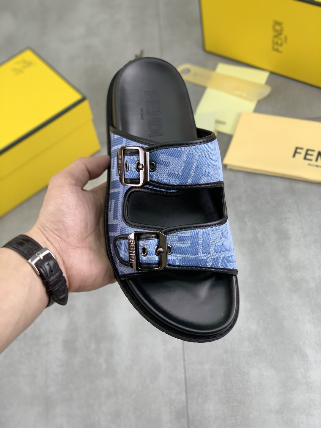 Fendi Men's FF Motif Blue Fabric Sandals Slides Size 39-44 1 Fendi Men's FF Motif Blue Fabric Sandals Slides Size 39-44