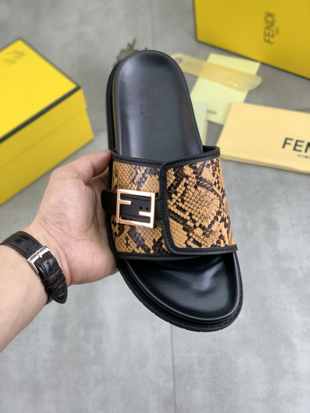 Fendi Men's FF Buckle Snakeskin Print Slide Sandals 1 Fendi Men's FF Buckle Snakeskin Print Slide Sandals
