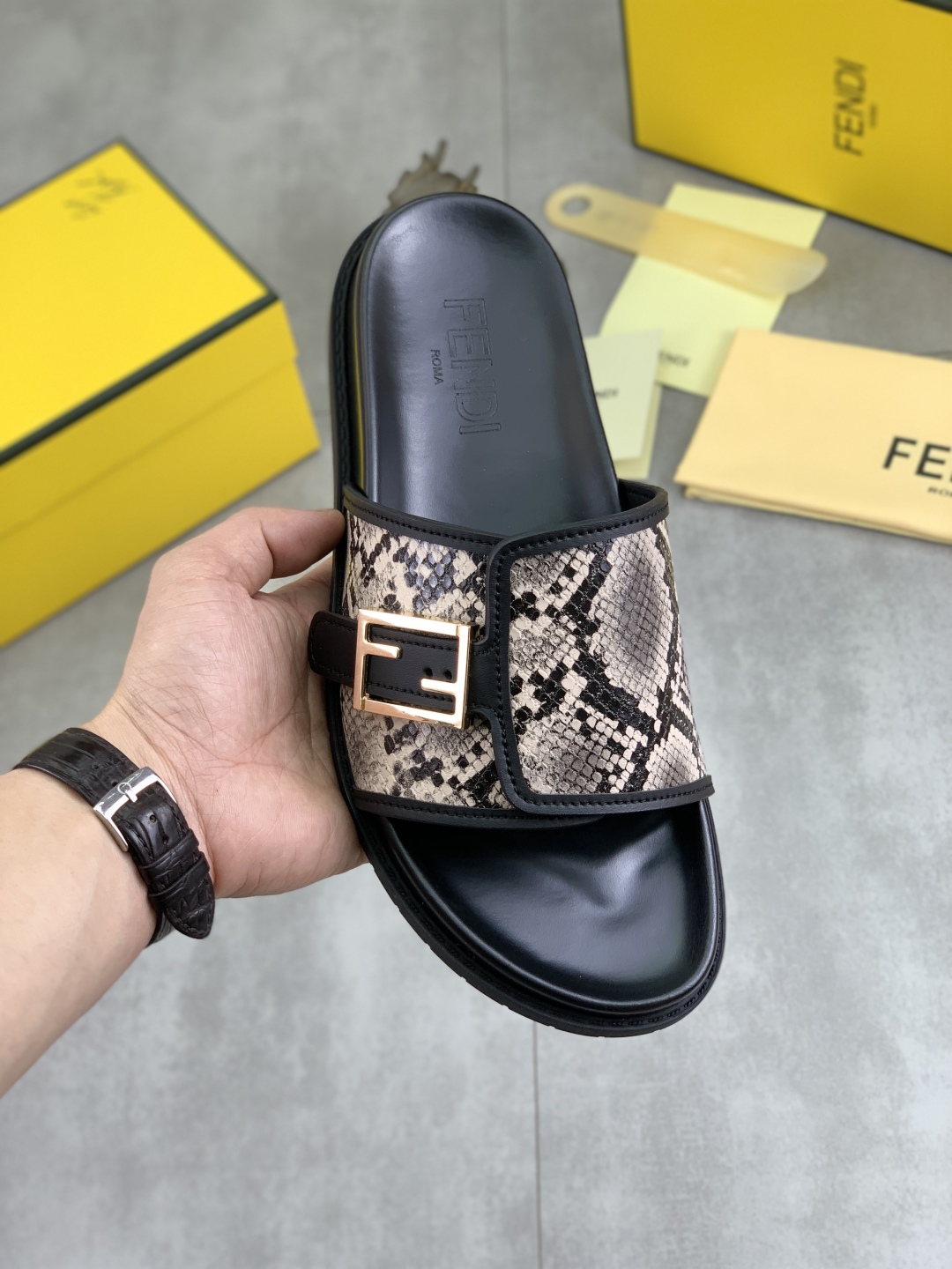 Fendi Men's Slide Sandal with Snakeskin Print and Adjustable Buckle 1 Fendi Men's Slide Sandal with Snakeskin Print and Adjustable Buckle
