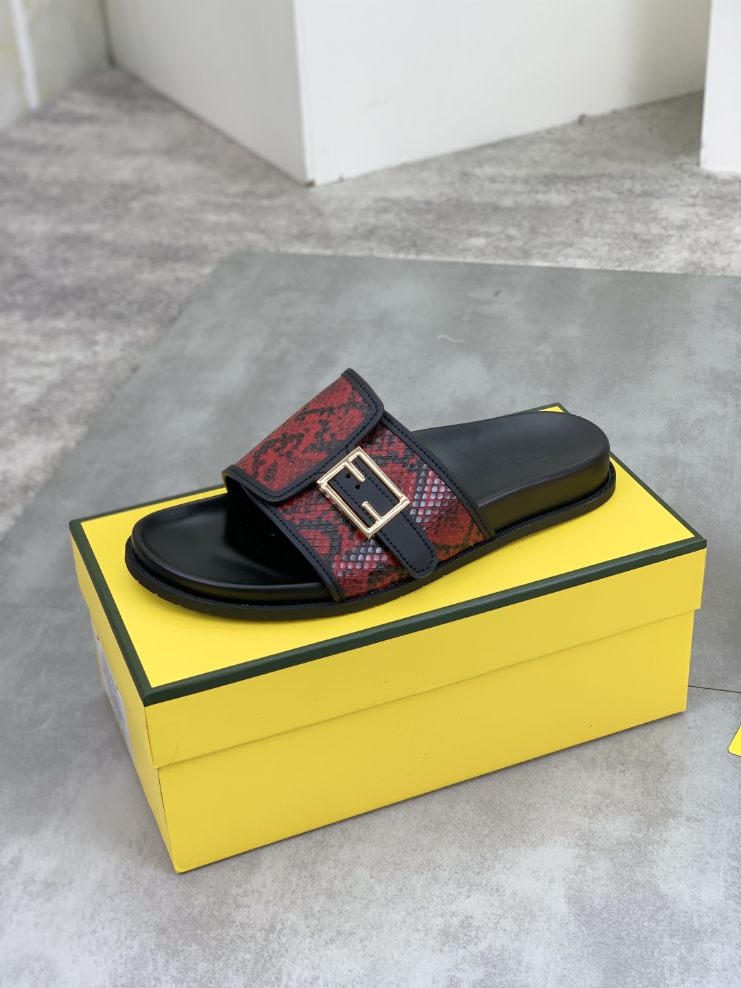 Fendi Men's Red Python Embossed Leather Logo Slide Sandals, Size 39-44 5 cmp i1745514581268 9587 0 3