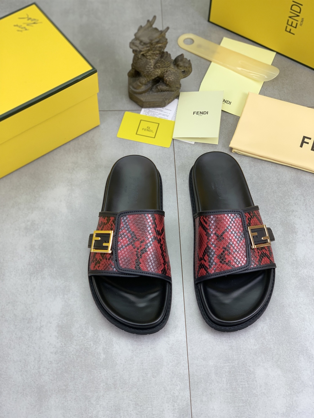 Fendi Men's Red Python Embossed Leather Logo Slide Sandals, Size 39-44 3 cmp i1745514583531 3604 0 1