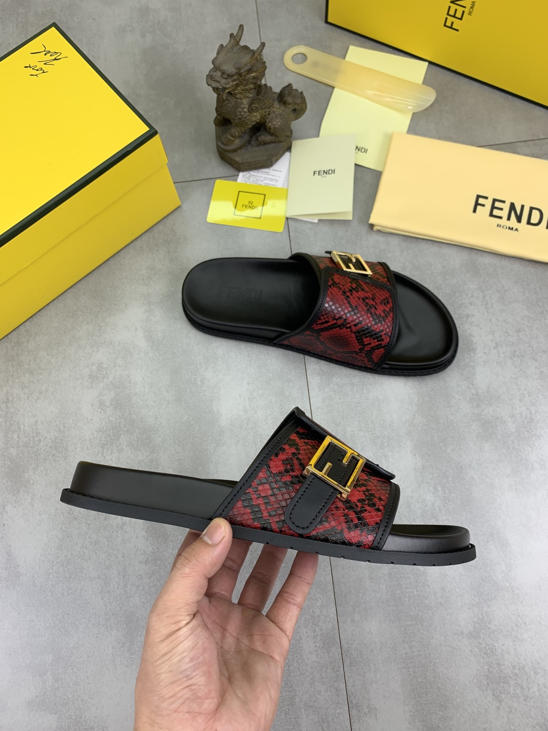 Fendi Men's Red Python Embossed Leather Logo Slide Sandals, Size 39-44 7 cmp i1745514585157 7679 0 5