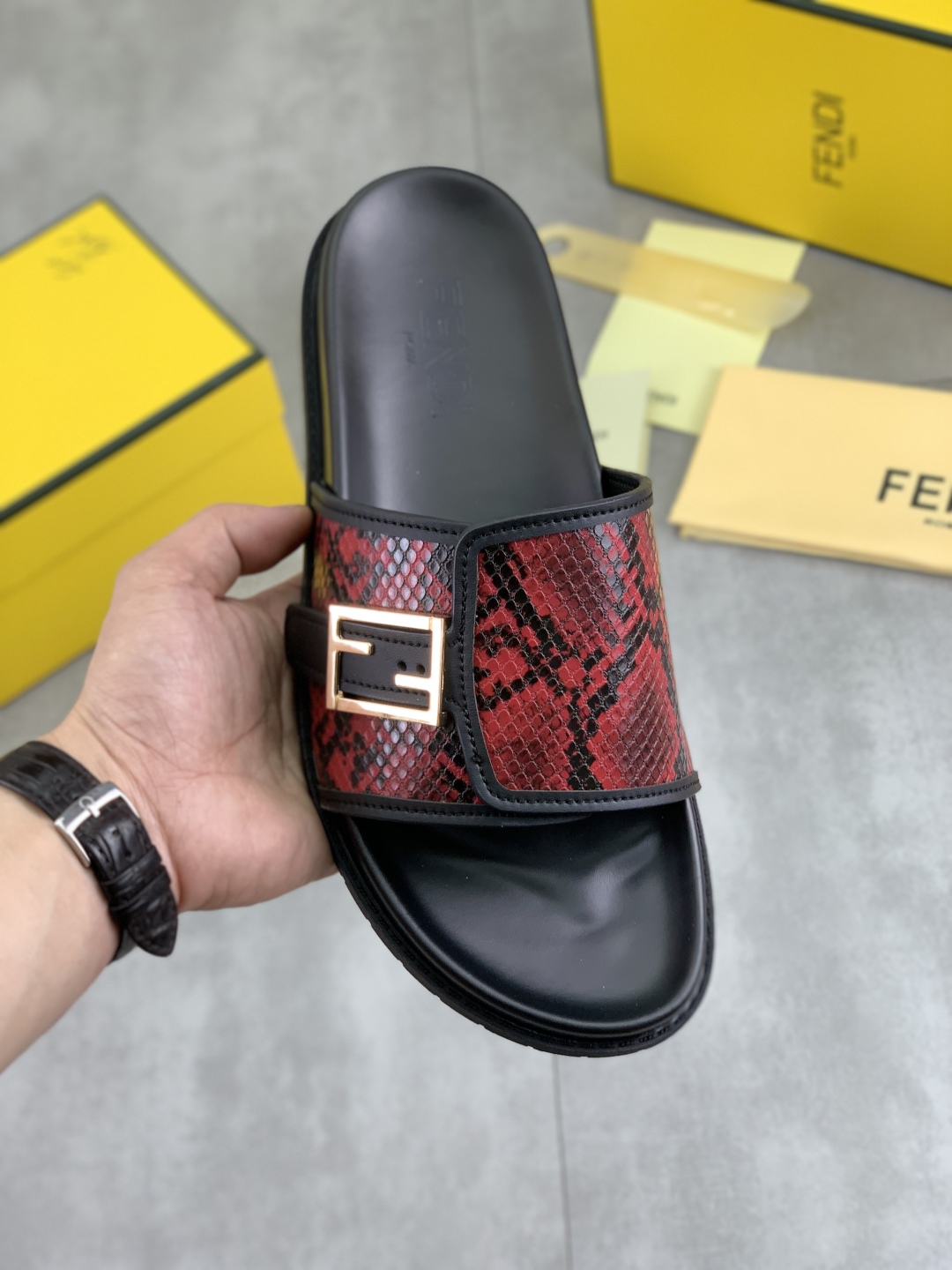 Fendi Men's Red Python Embossed Leather Logo Slide Sandals, Size 39-44 2 cmp i1745514588925 358 0 0