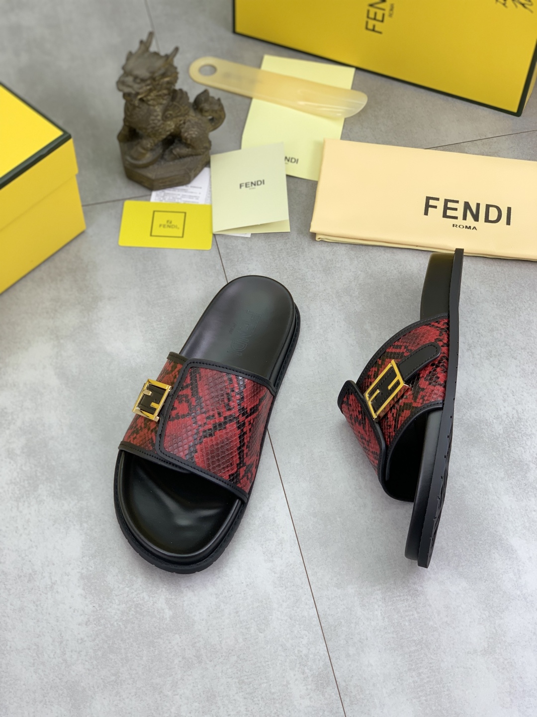 Fendi Men's Red Python Embossed Leather Logo Slide Sandals, Size 39-44 4 cmp i1745514588926 535 0 2