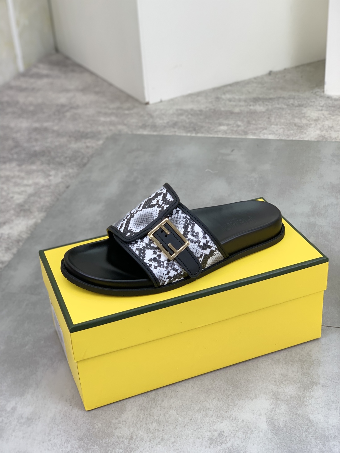 Fendi Men's Black Slide Sandal with Snake Print Strap and Gold Buckle 5 cmp i1745514608763 3577 0 3