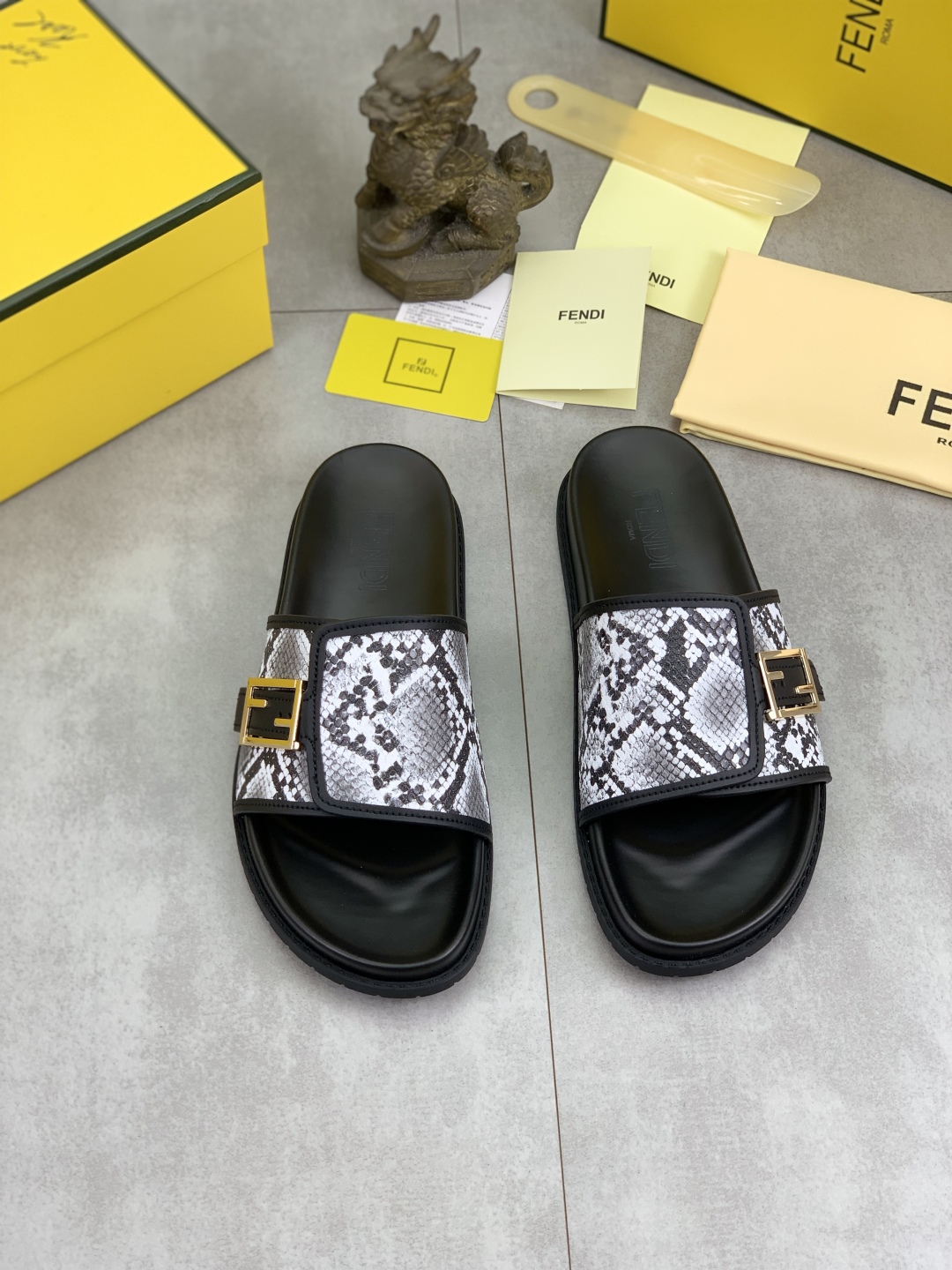 Fendi Men's Black Slide Sandal with Snake Print Strap and Gold Buckle 3 cmp i1745514608771 2740 0 1