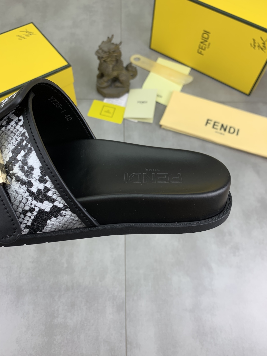 Fendi Men's Black Slide Sandal with Snake Print Strap and Gold Buckle 8 cmp i1745514610036 6210 0 6