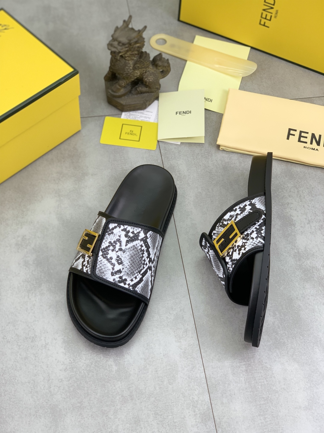 Fendi Men's Black Slide Sandal with Snake Print Strap and Gold Buckle 4 cmp i1745514610659 6892 0 2