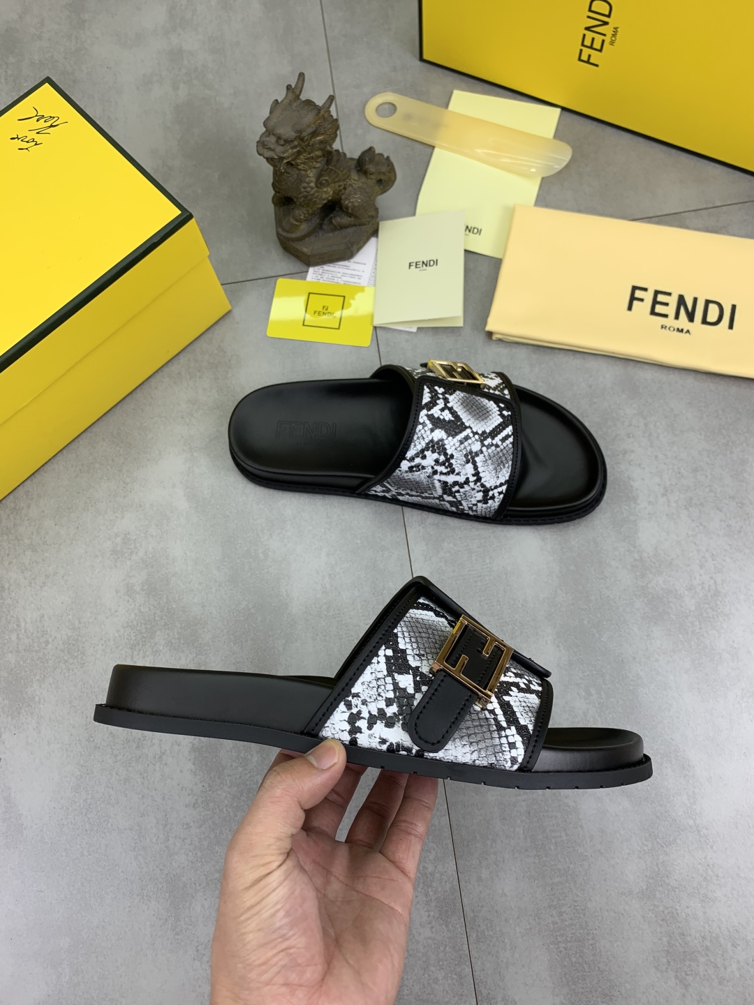 Fendi Men's Black Slide Sandal with Snake Print Strap and Gold Buckle 7 cmp i1745514612083 9055 0 5