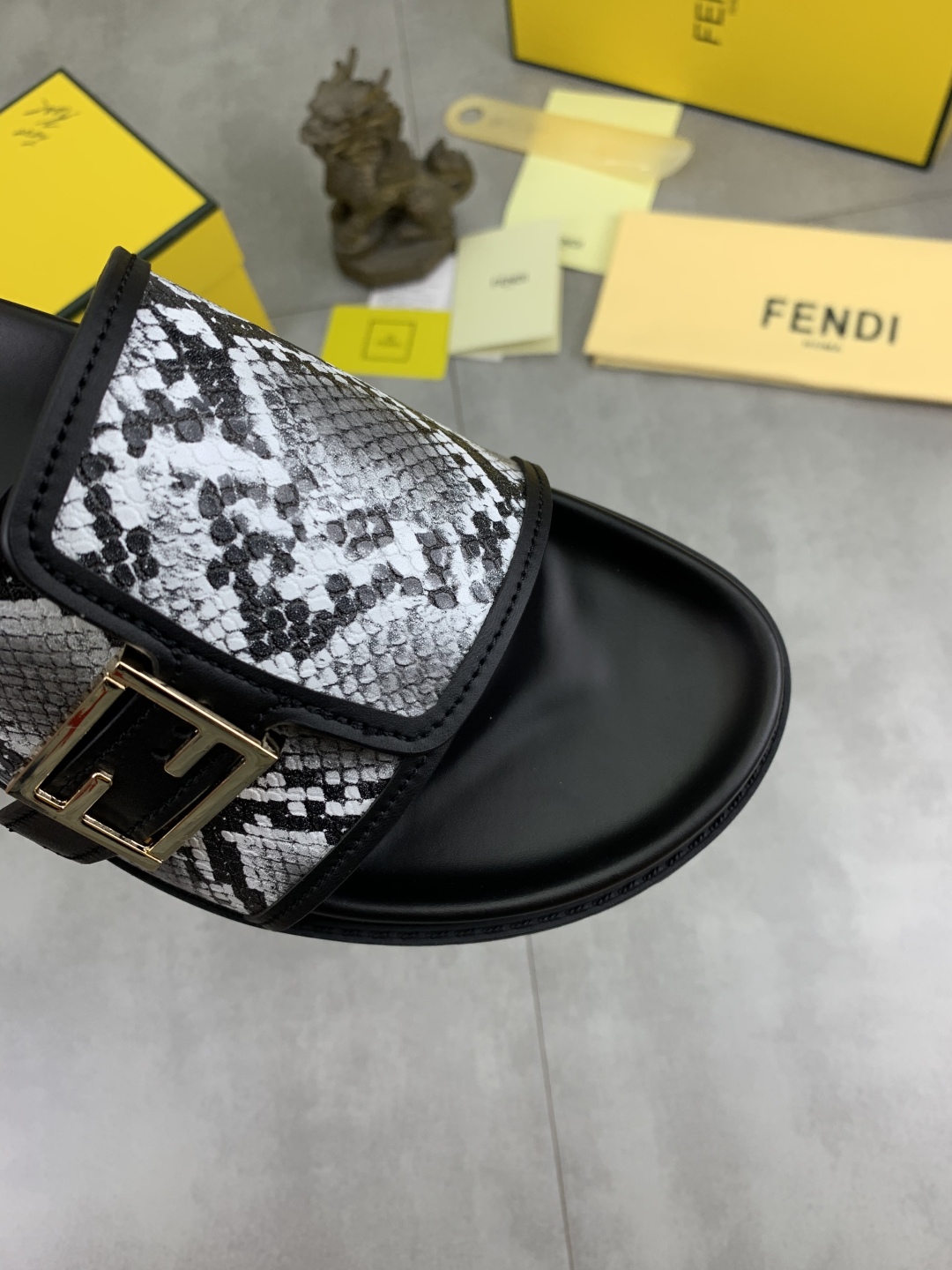 Fendi Men's Black Slide Sandal with Snake Print Strap and Gold Buckle 6 cmp i1745514612090 4533 0 4