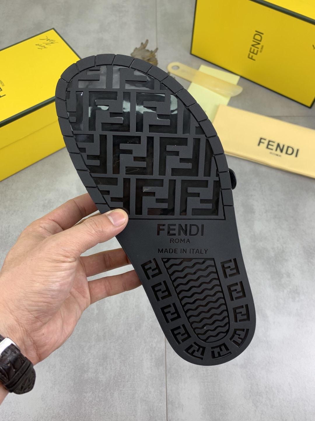 Fendi Men's Black Slide Sandal with Snake Print Strap and Gold Buckle 10 cmp i1745514616278 1211 0 8