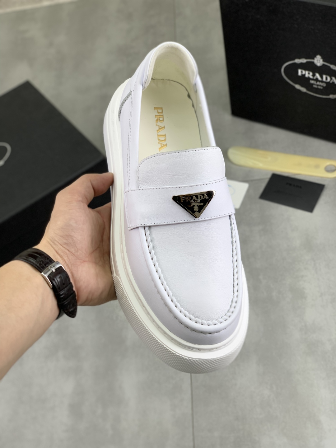 Prada Men's White Leather Loafers with Iconic Logo and Comfortable Fit 2 cmp i1745598781117 7320 0 0