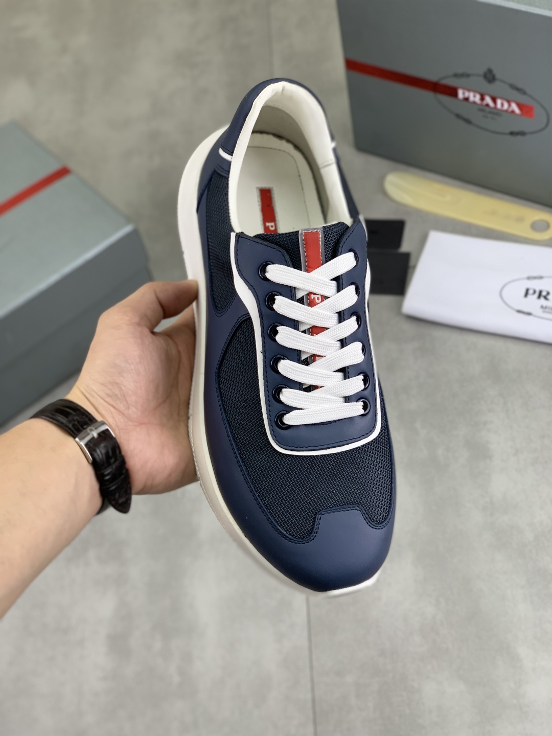 Prada Men's Navy Blue Leather Trim Sneakers Classic Casual Shoe 2 cmp i1745600086093 9634 0 0