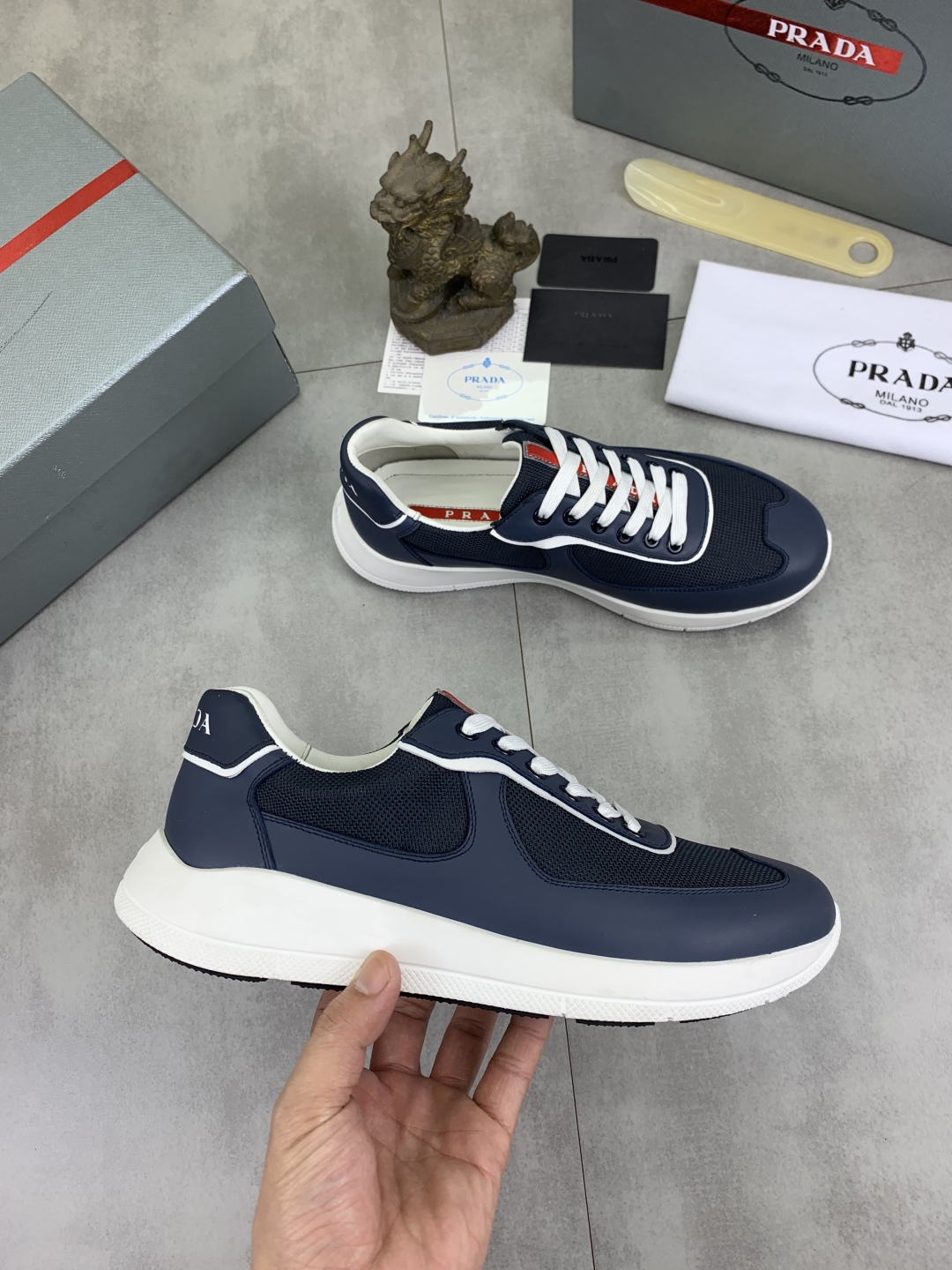 Prada Men's Navy Blue Leather Trim Sneakers Classic Casual Shoe 6 cmp i1745600091419 4564 0 4