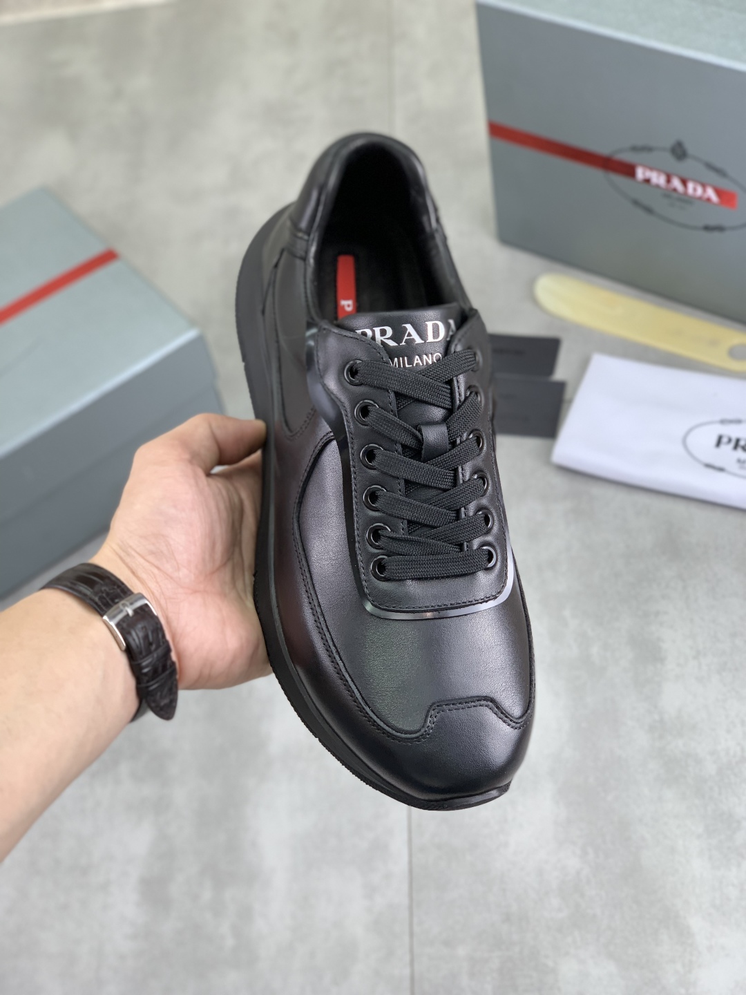 Prada Men's Leather Sneakers Classic Fashionable Lace-up Casual Shoes 1 Prada Men's Leather Sneakers Classic Fashionable Lace-up Casual Shoes